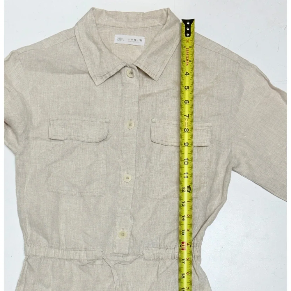 Zara Women's Tan Beige Jumpsuit Size 11-12 152‎ cm Long Sleeve Button Up Linen